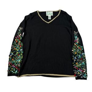 Quacker Factory Womens V neck black sweater. M.  Sequin christmas tree sleeves